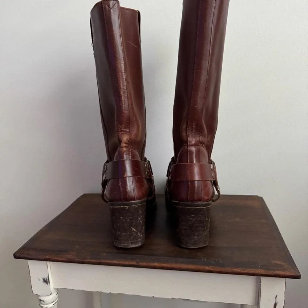 Vintage 90s / Y2K Brown Harness Leather Campus Boot Stacked Heel